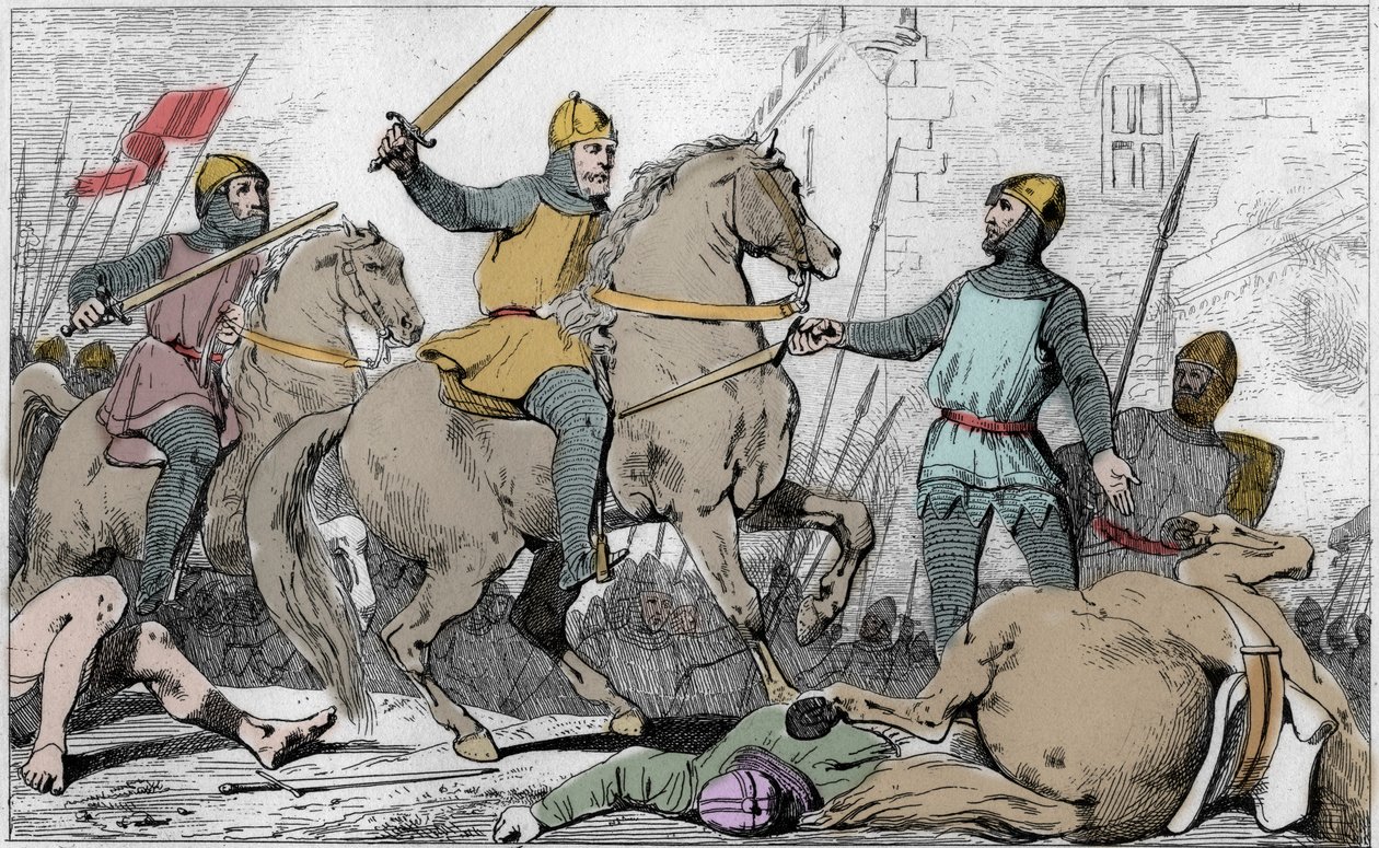 Hugh Capet (941-996) fanger Charles de Lorraine i 988 - Slutten av det karolingiske dynastiet, 988: arrestasjon av Charles (953-991), hertugen av Basse Lorraine, av Hugues Capet (941-996) og hans hær - Gravering av 1825 i "Histoire de France representert v av Ambroise Tardieu