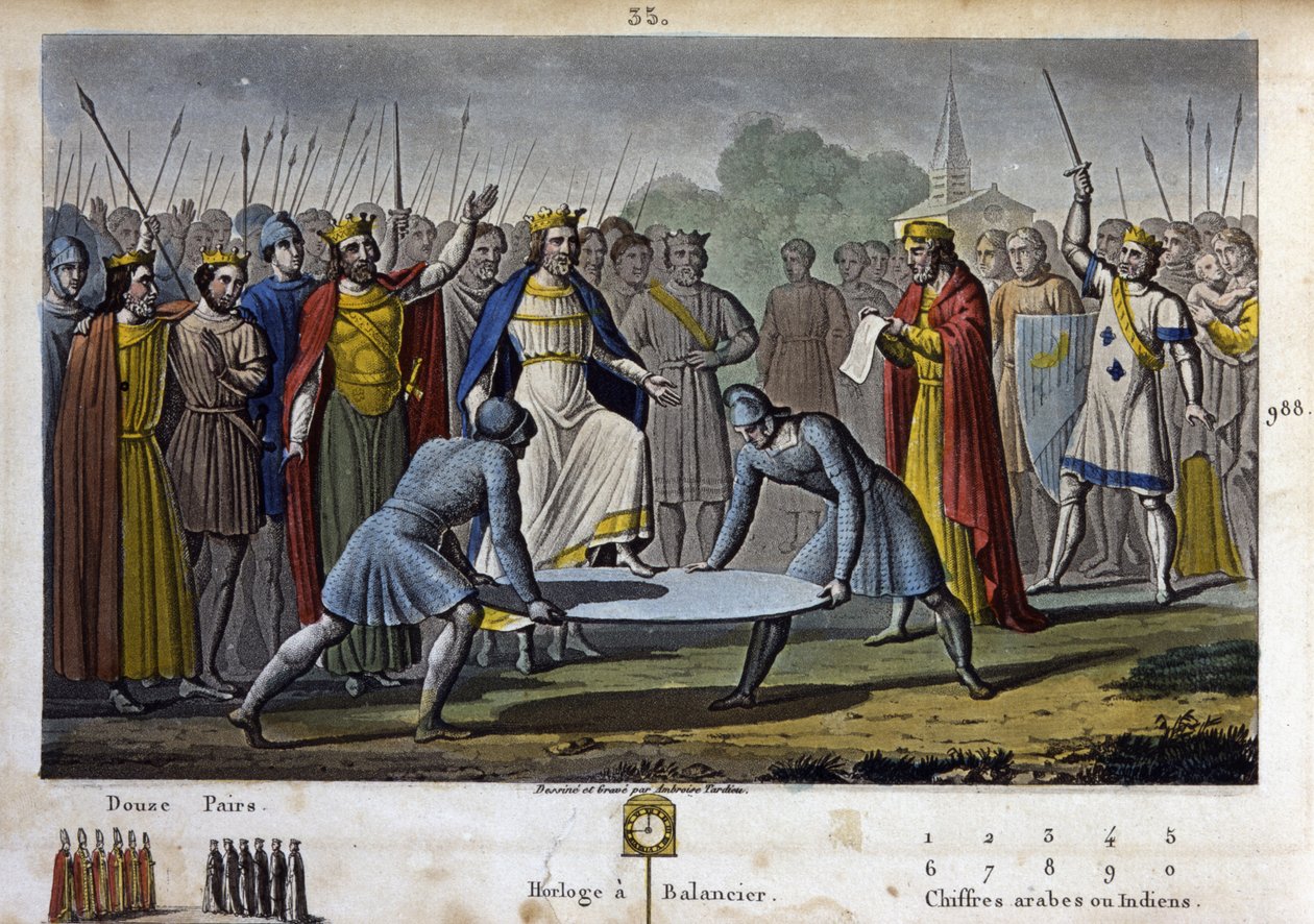 Hugues Capet (v. 941 - 996) ble valgt til konge av Frankrike (i 987), ved enstemmig samtykke (hovedsakelig takket være Gerbert d'Aurillac, fremtidige pave Sylvestre II), i en forsamling av det store riket holdt i Noyon (Hugues Capet) reiser seg på skjo av Ambroise Tardieu