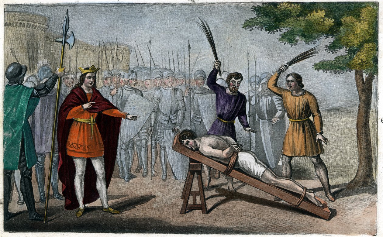 Lord Bodillon blir pisket etter å ha klaget over Childeric IIs (653-73) skatteøkning - Childeric II har bundet seg til en post, og slått som en slave, en burgundisk herre ved navn Badillon eller Bodillon, for å ha våget å presentere ham faren for en overdr av Ambroise Tardieu