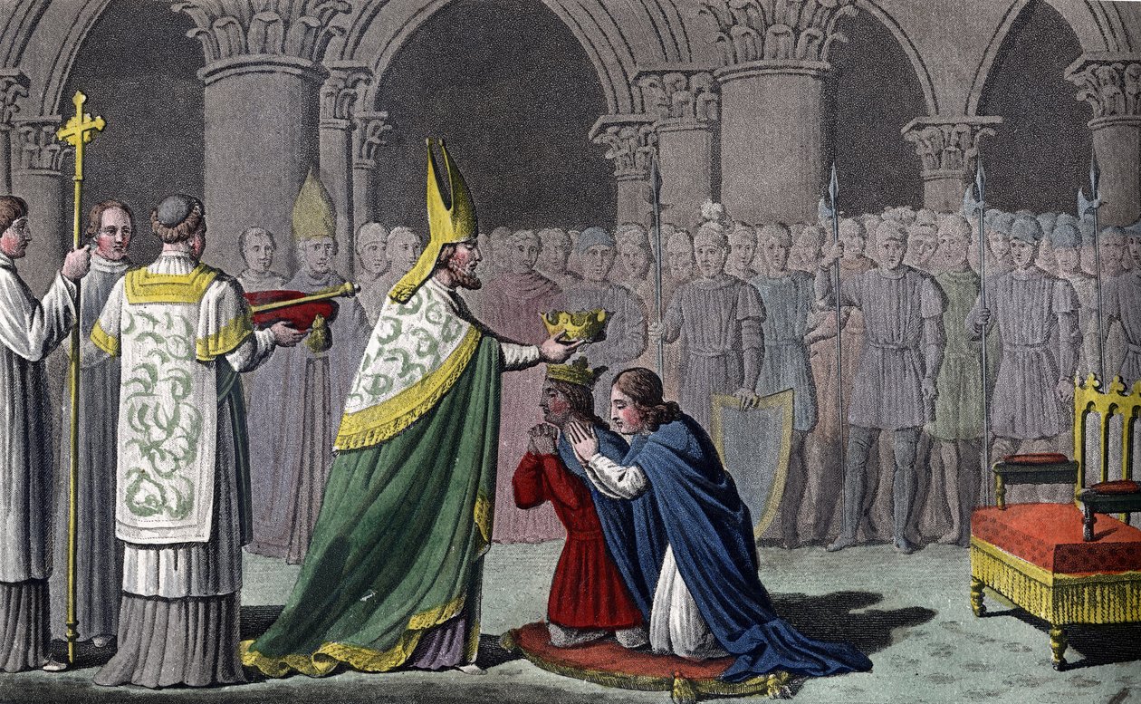 Ludvig III (863-82) og Carloman (865-84) kronet sammen - Ludvig III (v.863 - 882) og Carloman (? - 884) er hellige og kronet på samme dag (i 879) i Abbey of Ferrières i Gâtinais - Designet og gravert av Ambroise Tardieu i 1825. av Ambroise Tardieu