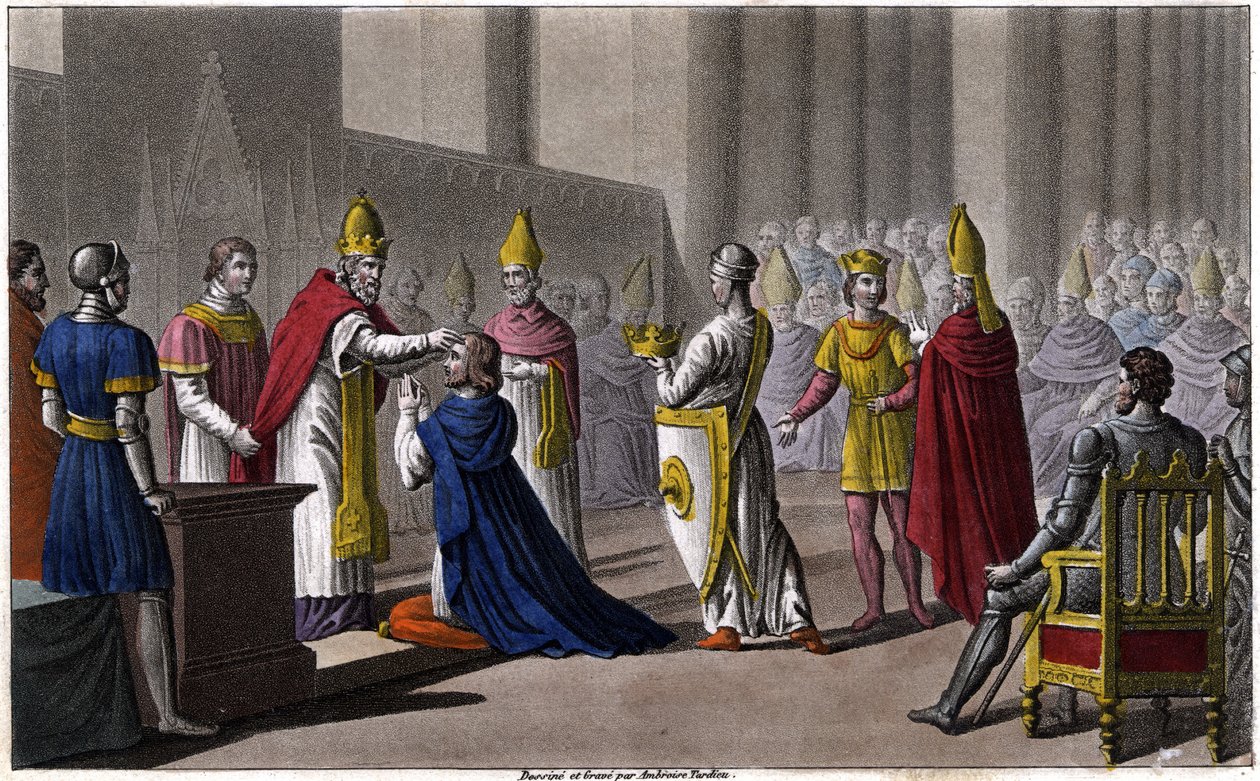 Louis II was consecrated a second time at the Council of Troyes by John VIII in 879. Designed and engraved by Ambroise Tardieu in 1825. av Ambroise Tardieu