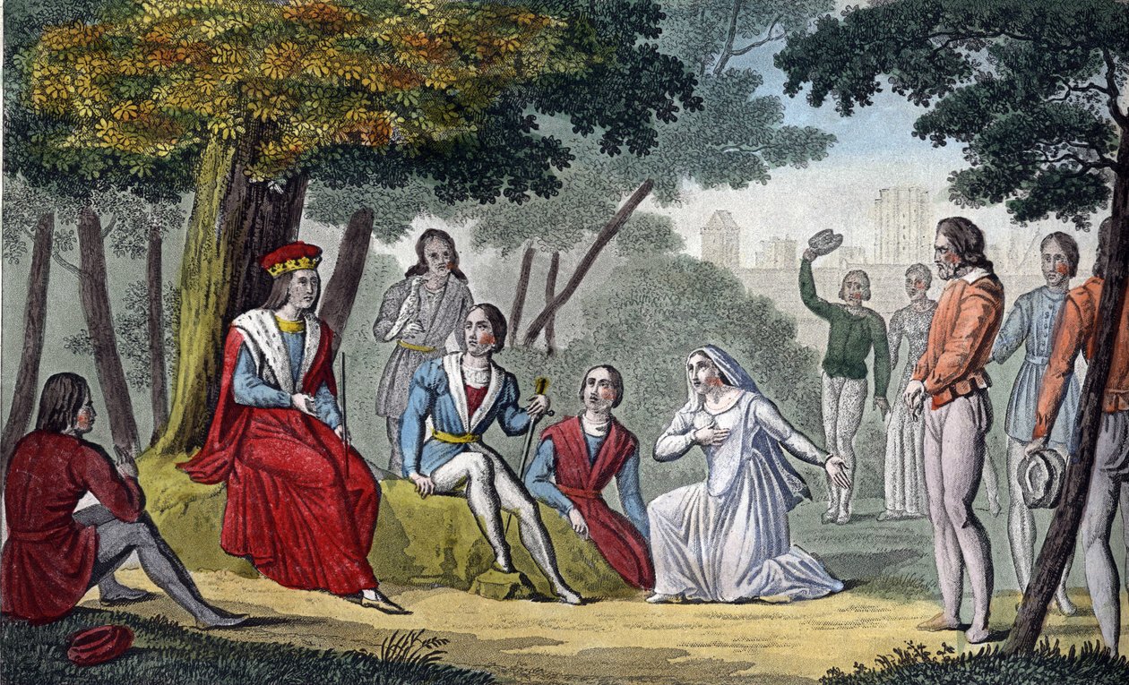Louis IX, kjent som "Saint-Louis" (1214-1270) som yter rettferdighet til alle sine undersåtter i Vincennes-skogen - Designet og gravert av Ambroise Tardieu i 1825. av Ambroise Tardieu