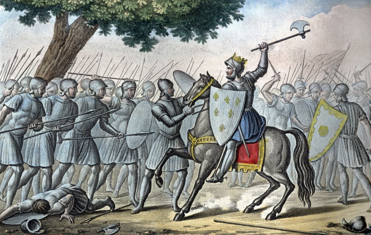 Louis VI, kjent som «the Gros» (1081 - 1137), i slaget ved Brenneville, forsøker å fjerne Normandie fra kong Henry I i 1119. - Designet og gravert av Ambroise Tardieu i 1825. av Ambroise Tardieu