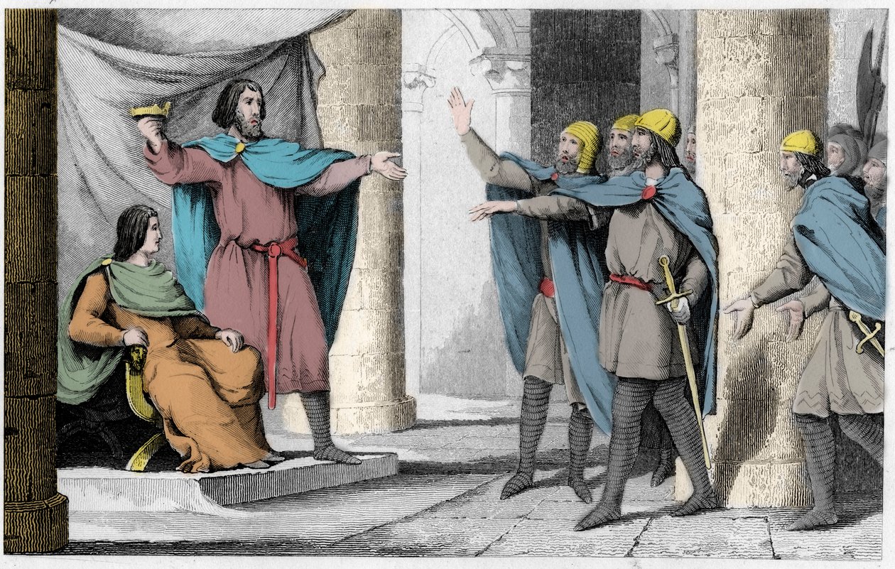 Louis V the Indolent viser sin krone til sine tilhengere i 986 - Louis V le Faineant (ca. 967-987), utropt til konge av Frankrike ved beskyttelse av Hugues Capet, som ble konge av Frankrike, i 986 - Gravering av 1825 i " Histoire de France representert ved av Ambroise Tardieu