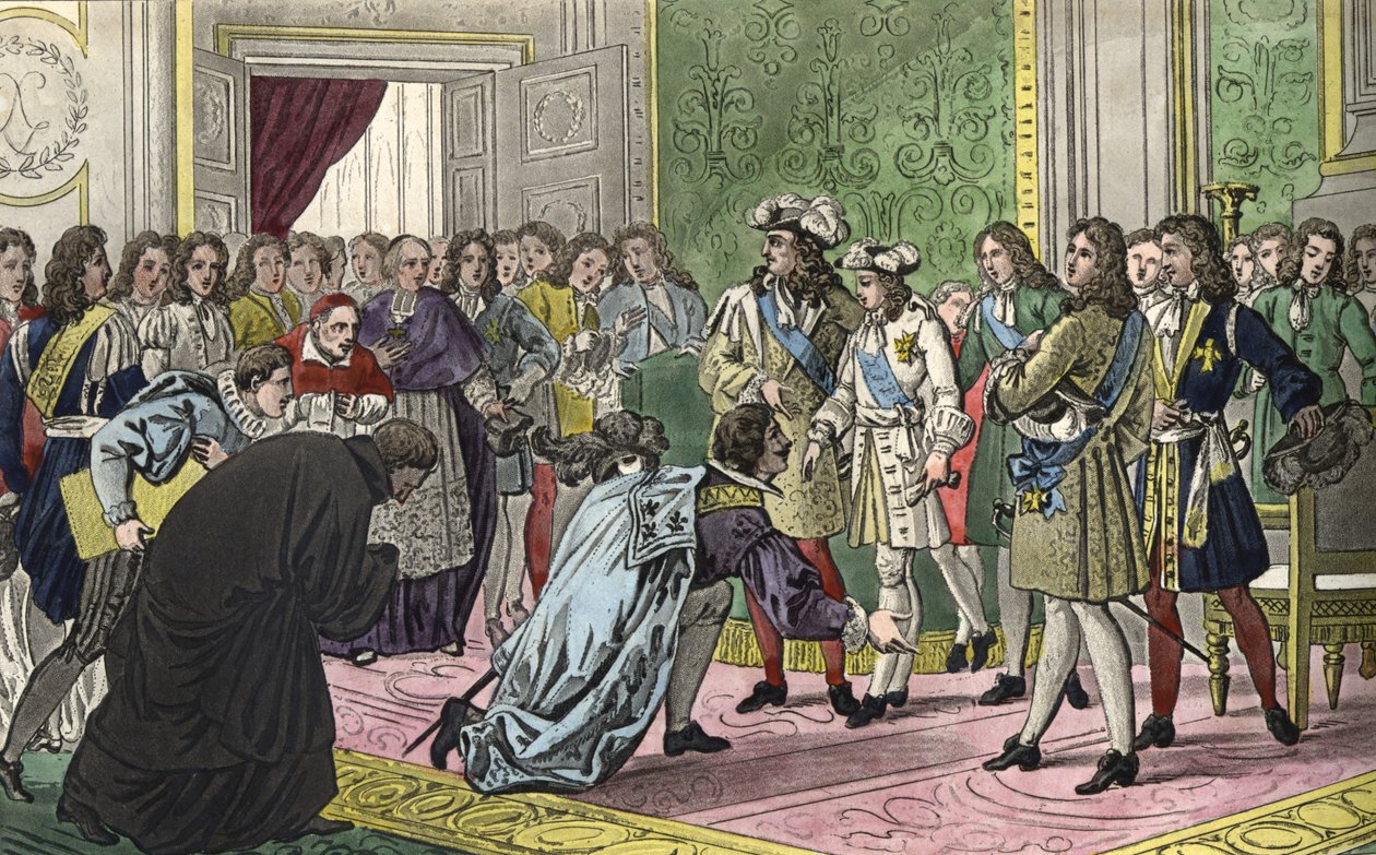Ludvig XIV (1638-1715), omgitt av sin familie og hoffets viktigste skikkelser, presenterer sitt barnebarn Filip V for Spanias utsendinger som deres nye konge i 1700. - Designet og gravert av Ambroise Tardieu i 1825. av Ambroise Tardieu