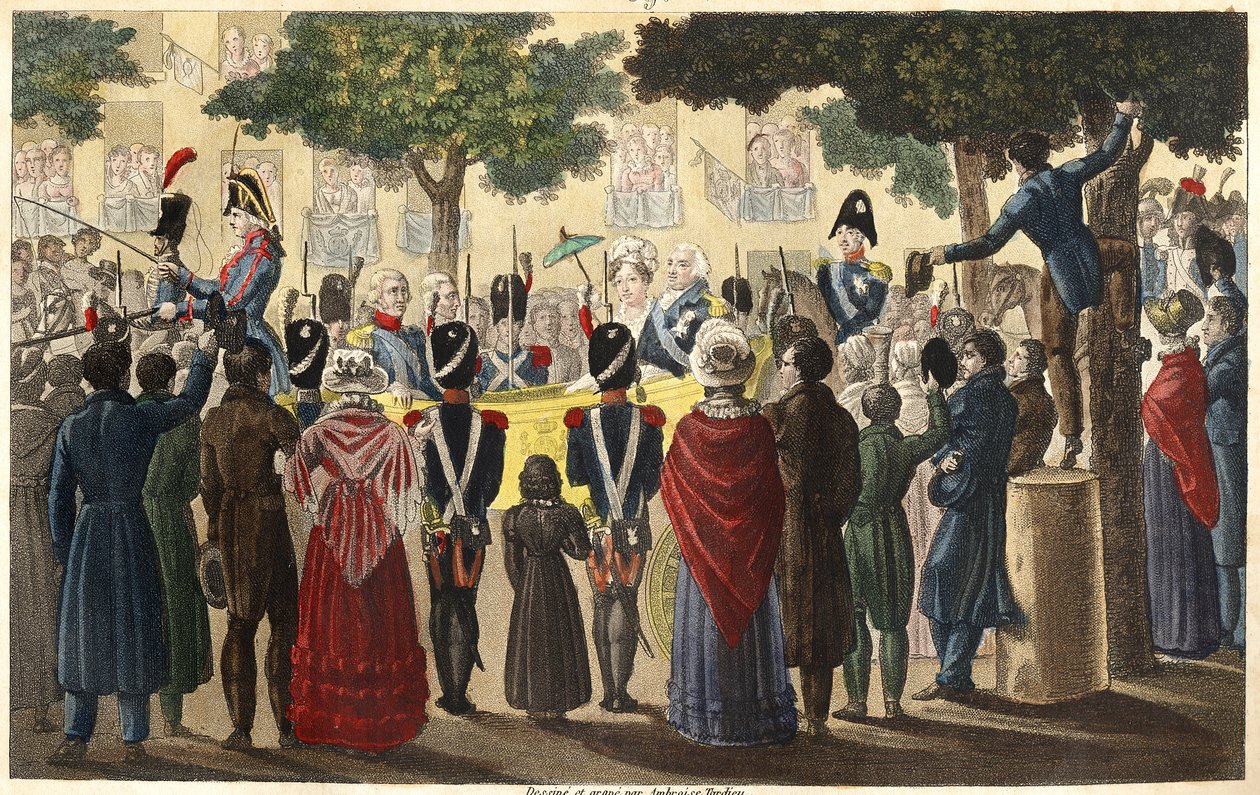 Louis XVIII (1755-1824) ble utropt til konge av Condés hær blant et lite antall undersåtter lojale mot Paris i 1814 (Restaurering) - Designet og gravert av Ambroise Tardieu i 1825. av Ambroise Tardieu