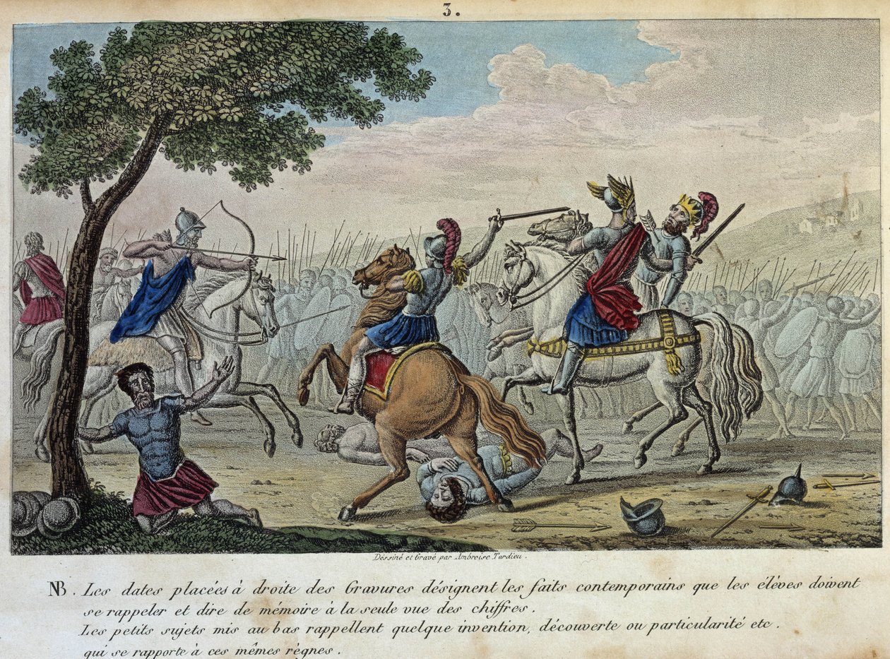 Merovee (447-458) trosser Attila ved Catalaunique-markene nær Troyes sammen med Aetius og Theodoric I. Han er den formastelige kongen av Francs-Salians og ga navnet sitt til det merovingerske dynastiet. - Tegn og grav av Ambrose Tardieu i 1825. av Ambroise Tardieu