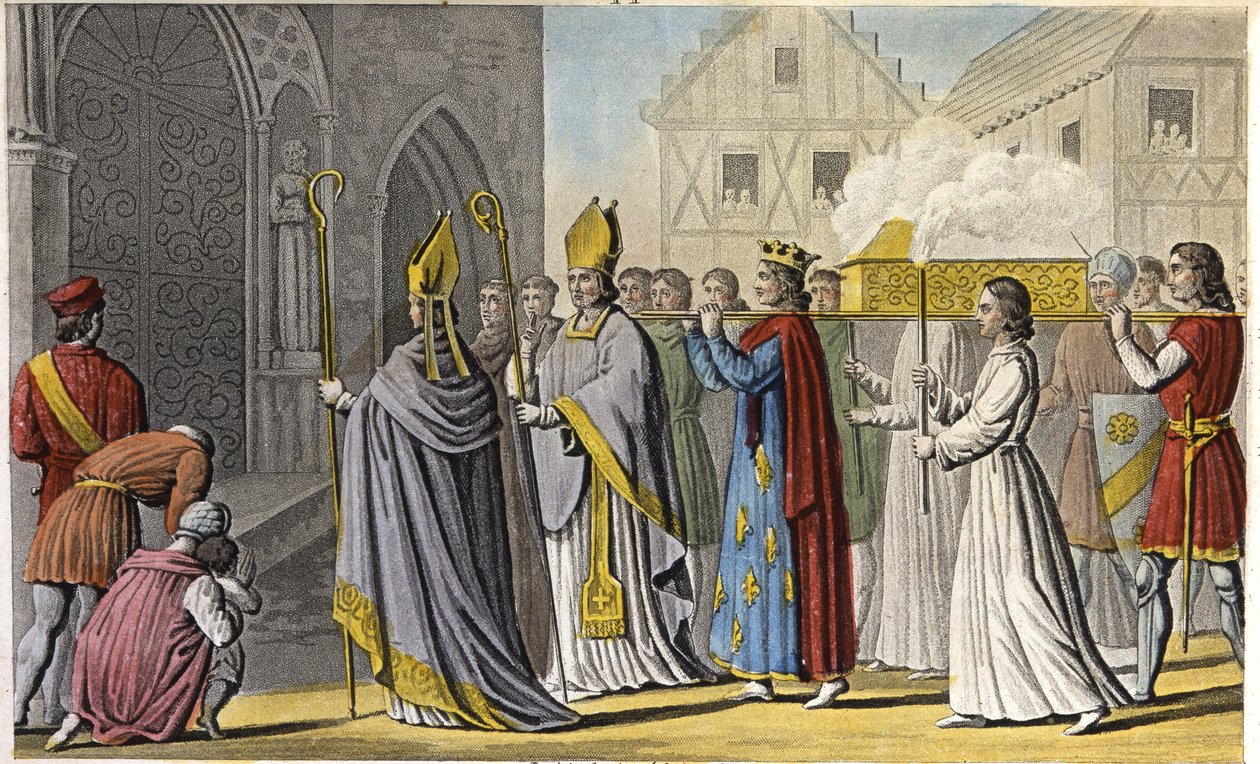 Philip III holdt en høytidelig tjeneste til Notre-Dame og bar kisten til fots til Saint-Denis som inneholdt høvdingen og beinene til Saint-Louis, kjøttet og tarmene ble plassert i en grav nær Palermo på Sicilia - Regjering av Filip III av Frankrike. Cerem av Ambroise Tardieu