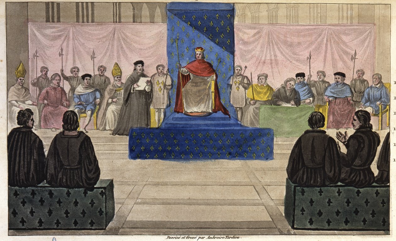 Philip IV samler på Louvre Estates General, sammensatt av presteskap, adel og fremtredende borgerlige eller tredjestater som først ble tatt opp i det i 1301 - Designet og gravert av Ambroise Tardieu i 1825. av Ambroise Tardieu