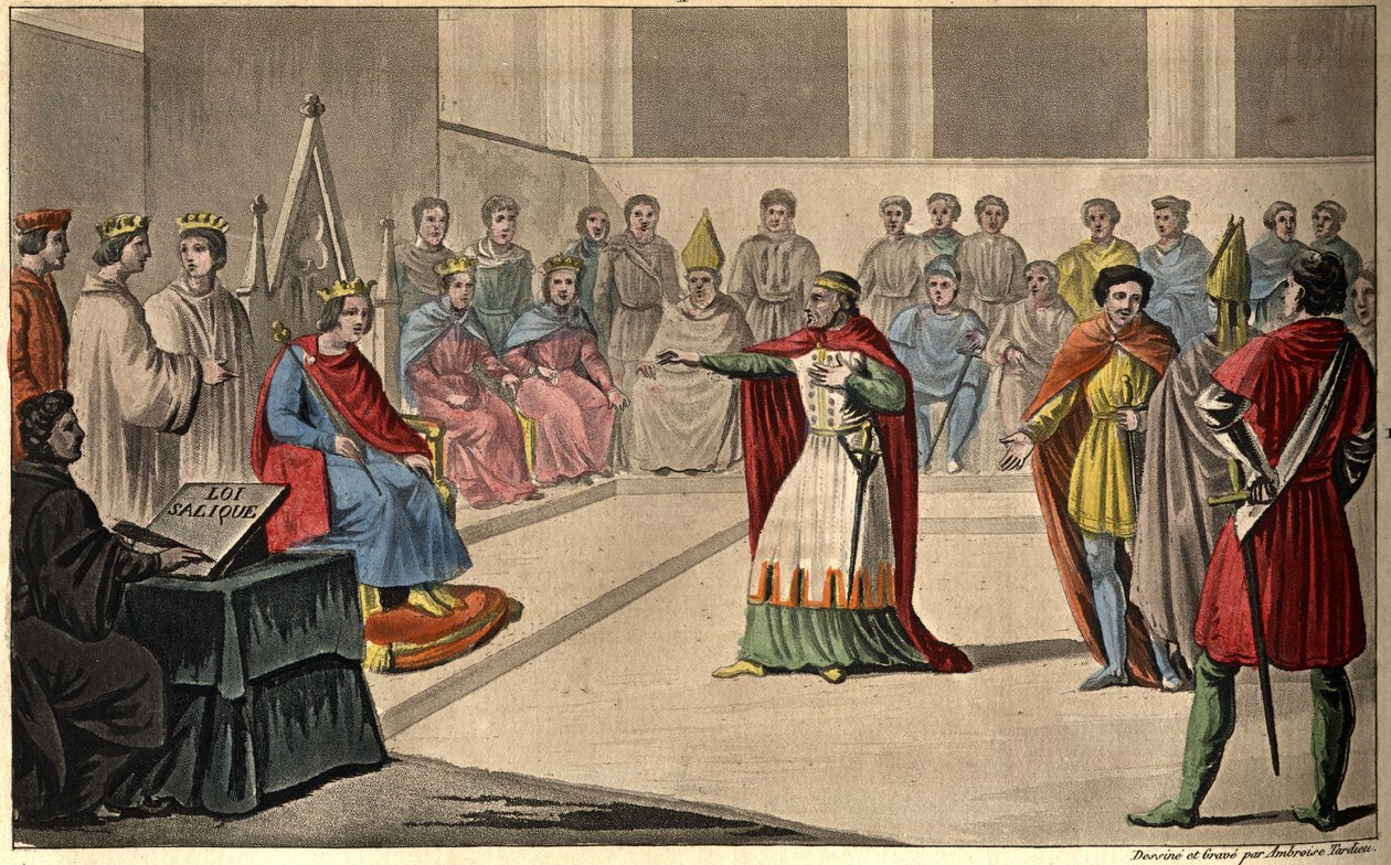 Filip V sier "The Long" (1294-1322). Generalstatene, innkalt til Louvre, erklærte Filip V til konge og ekskluderte hans niese Jeanne fra kronen i 1316; dermed anvende den saliske loven. Han etterfulgte John I postuum. av Ambroise Tardieu