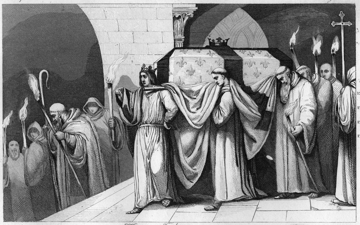 Philippe III The Bold (1245-1285) hjelper til med å bære sin fars kiste inn i Basilica of Saint Denis i 1271 - Philippe III the Hardi frakter relikviene til sin far Louis IX (Saint Louis) til basilikaen Saint Denis, kongenes nekropolis i 1271 - Gravering av Ambroise Tardieu