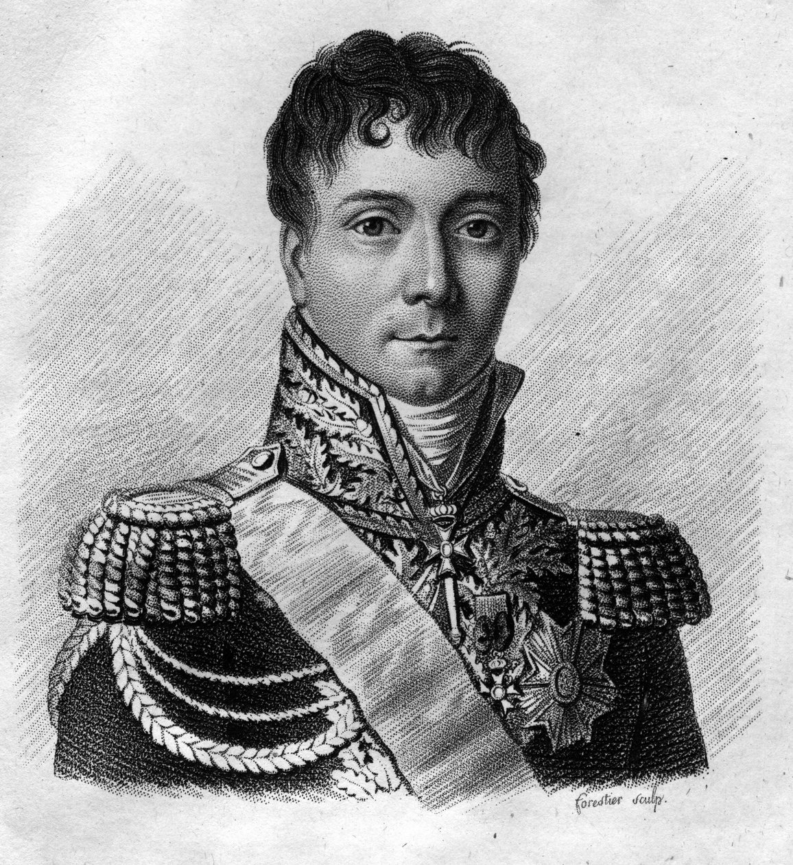 Portrett av Charles Etienne Gudin de la Sablonniere (1768 -1812) general francais. I "" Portretter av de franske generalene etter franskmennenes seire og erobringer". Grav av Ambroise Tardieu i 1818. Stella Collection. av Ambroise Tardieu