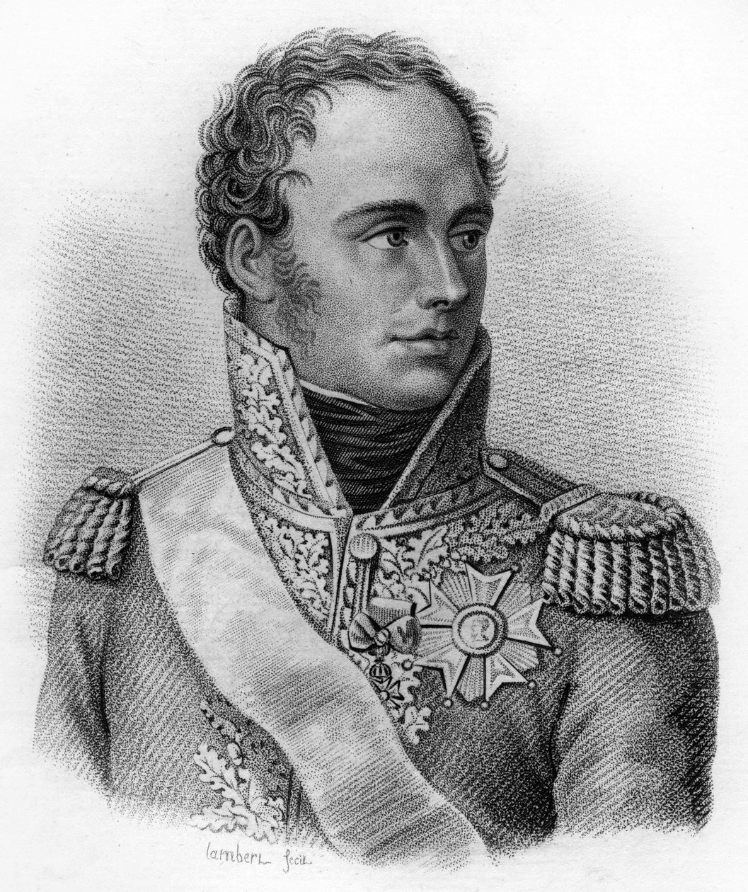Portrett av Eugene Rose de Beauharnais, kjent som Prince Eugene (1781-1824), visekonge av Italia - i "Portretter av franske generaler etter franskmennenes seire og erobringer"". Gravert av Ambroise Tardieu i 1818. Stella Collection. av Ambroise Tardieu