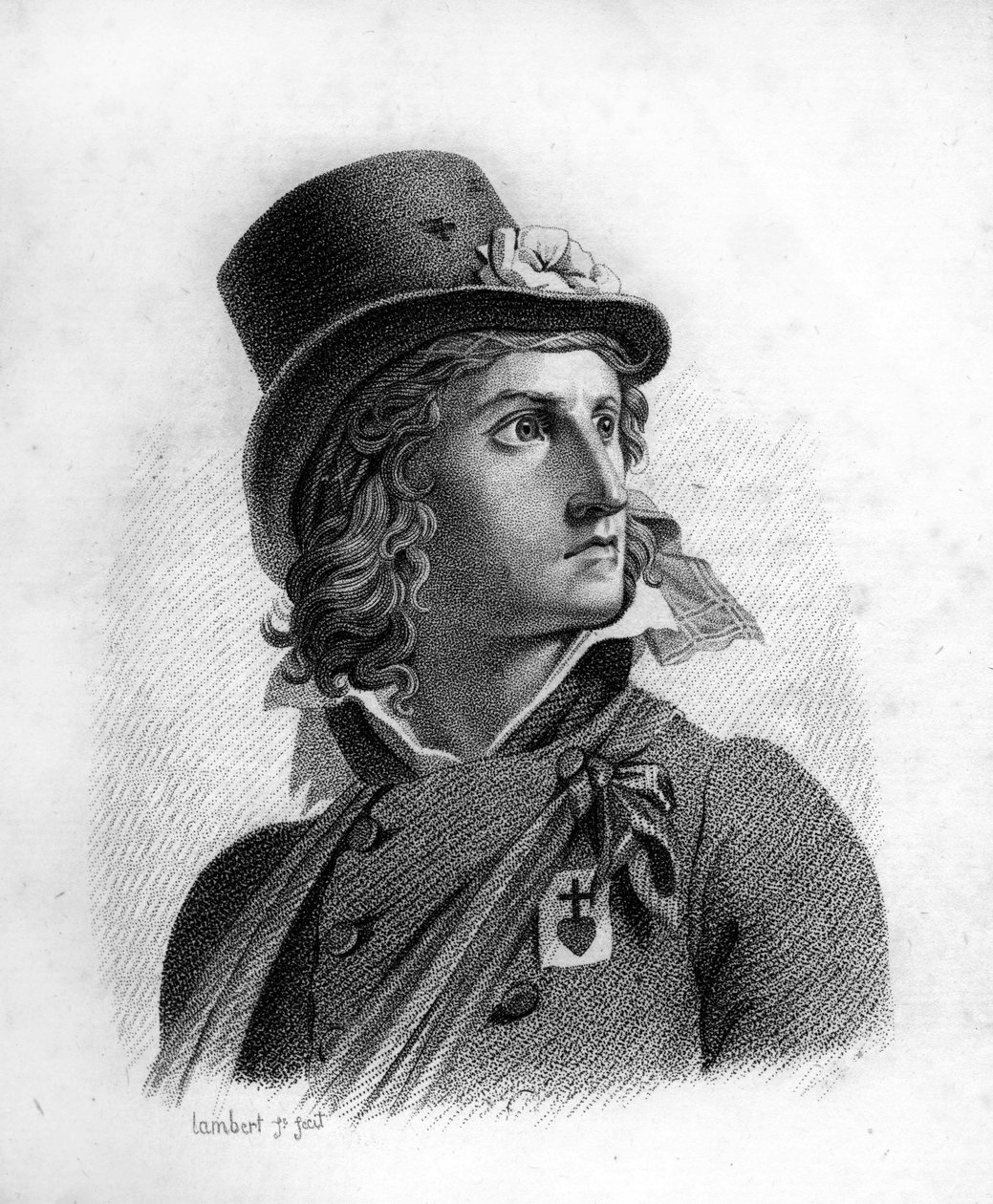 Portrait of Henri du Vergier, Count of La Rochejaquelein (or Verger de La Rochejacquelein) (1772-1794). He has on his chest the insignia of the vendors. - in” Portraits of the French generals following the victories and conquests of the French””. Engraved  av Ambroise Tardieu