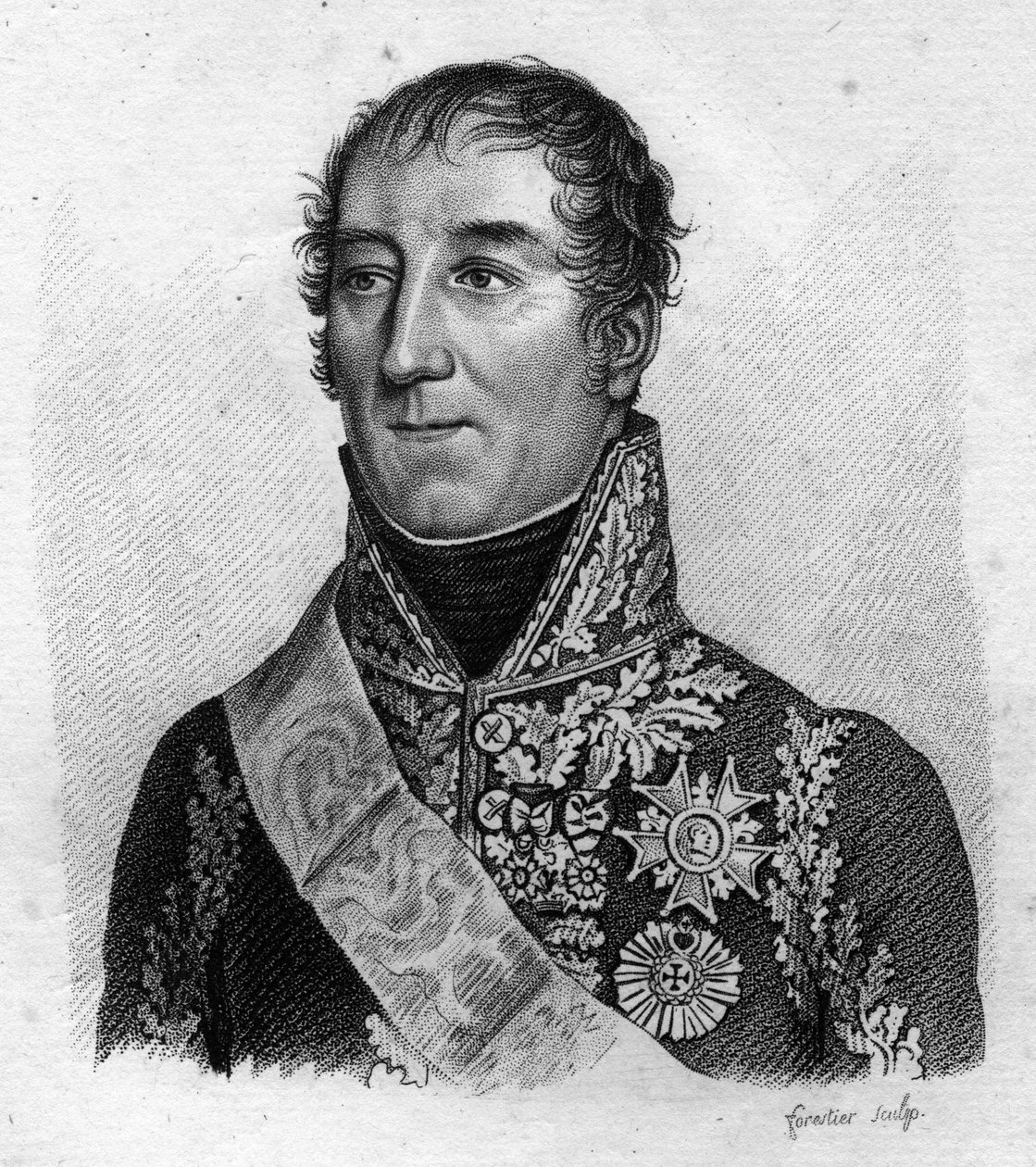 Portrait of Marshal Mortier. Adolphe Edouard Casimir Joseph Mortier, Duke of Treviso, French marshal and politician (1768 - 1835) in” Portraits of the French generals following the victories and conquests of the French””. Engraved by Ambroise Tardieu in 18 av Ambroise Tardieu