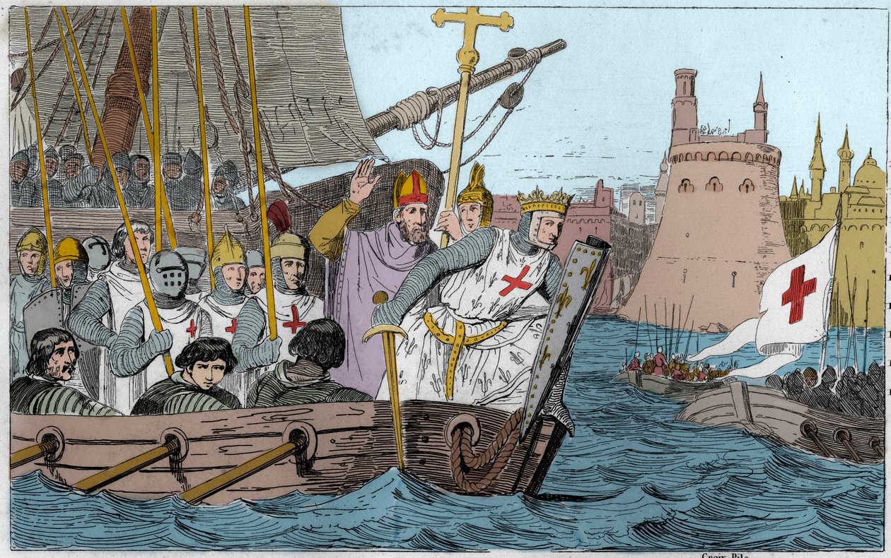 Syvende korstog: Kong Saint Louis (1214-1270) og korstogene som beleiret Damiette i juni 1249 i Nedre Egypt - Syvende korstog til det hellige land 1248-50 - Saint Louis IX (1214-70) leder troppene sine i kamp - Gravering av 1825 i «Histoire de France repre av Ambroise Tardieu