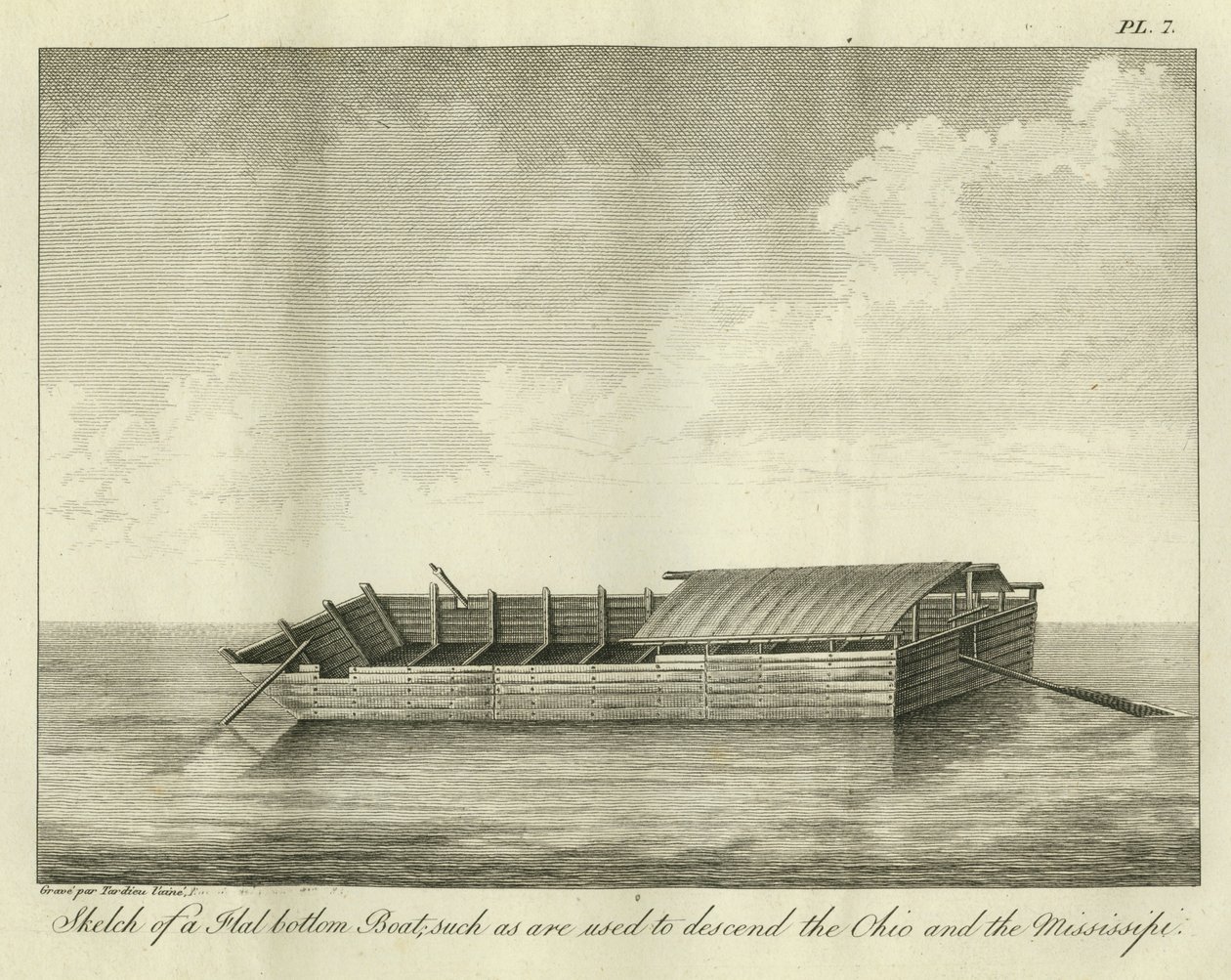Skisse av en båt med flat bunn, slik den brukes til å gå ned i Ohio og Mississippi, publisert i 1826 av Ambroise Tardieu