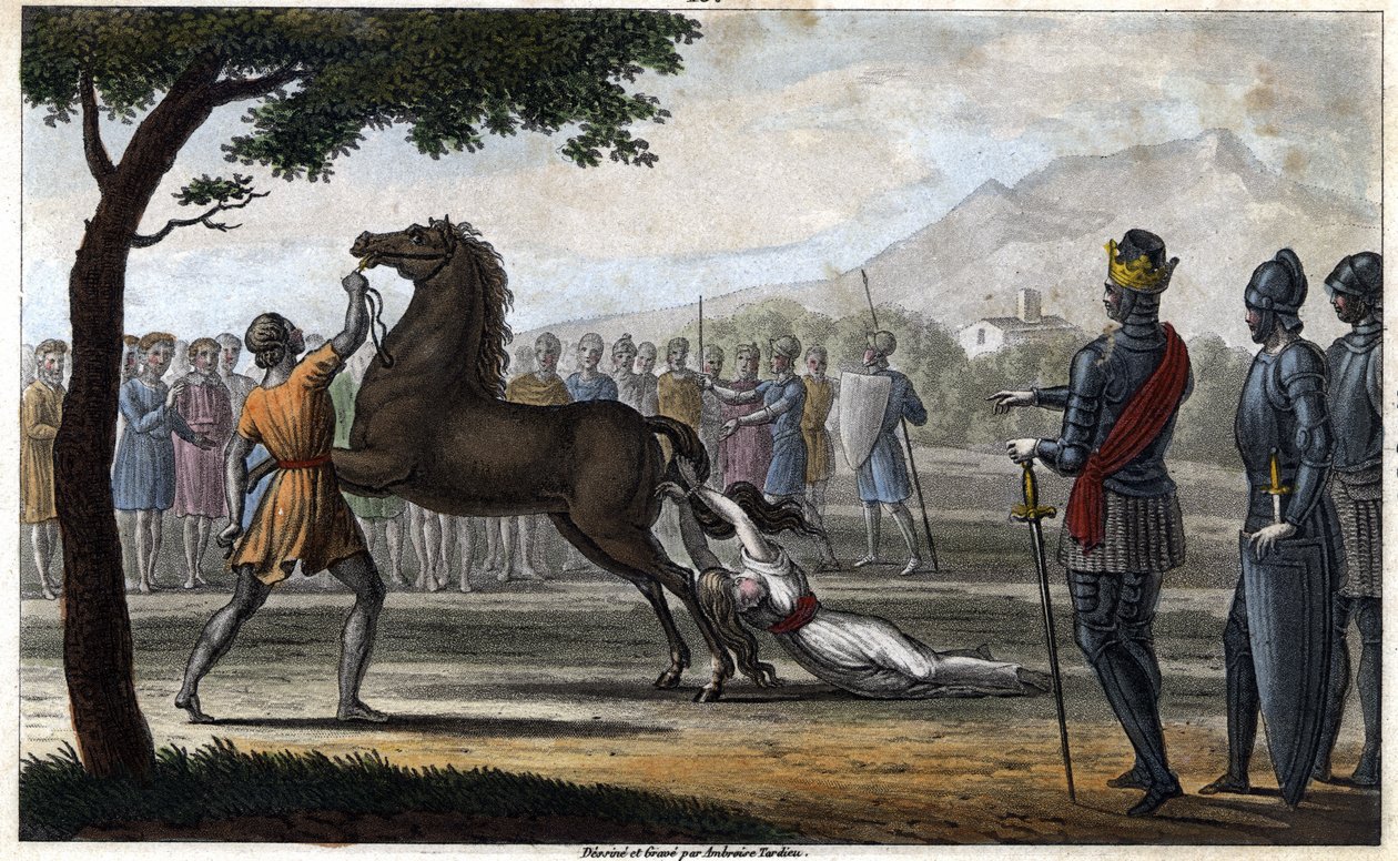 The death of queen Brunhilda of Austrasia, a Visigothic princess, married to king Sigebert I of Austrasia - Death of Brunehaut (or Brunehilde) ordered by Clotaire (Clothaire) II (613). Draws and grave by Ambroise Tardieu in 1825. av Ambroise Tardieu