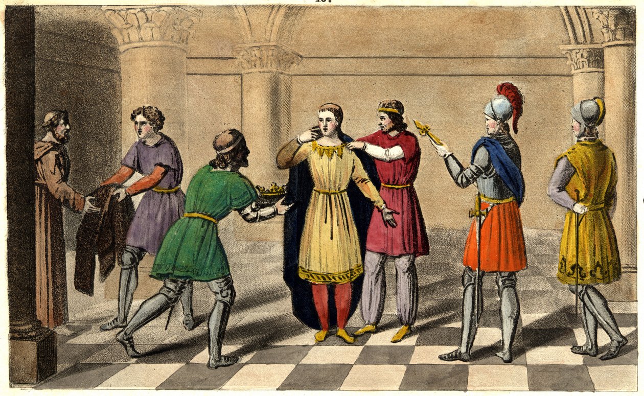 Thierry III blir hentet fra klosteret Saint Denis for å reise seg til tronen. Designet og gravert av Ambroise Tardieu i 1825. av Ambroise Tardieu