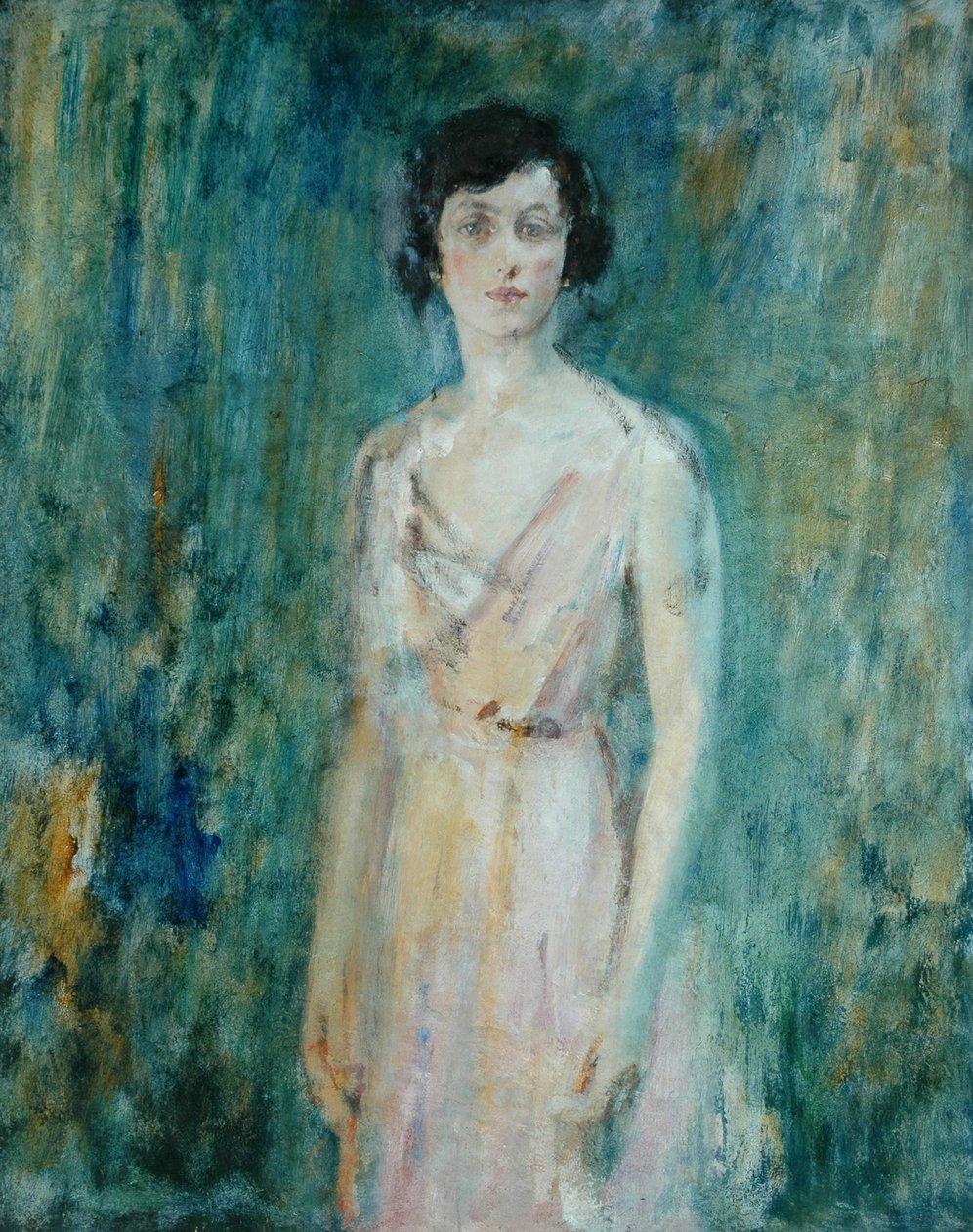 Dame i rosa kjole av Ambrose McEvoy