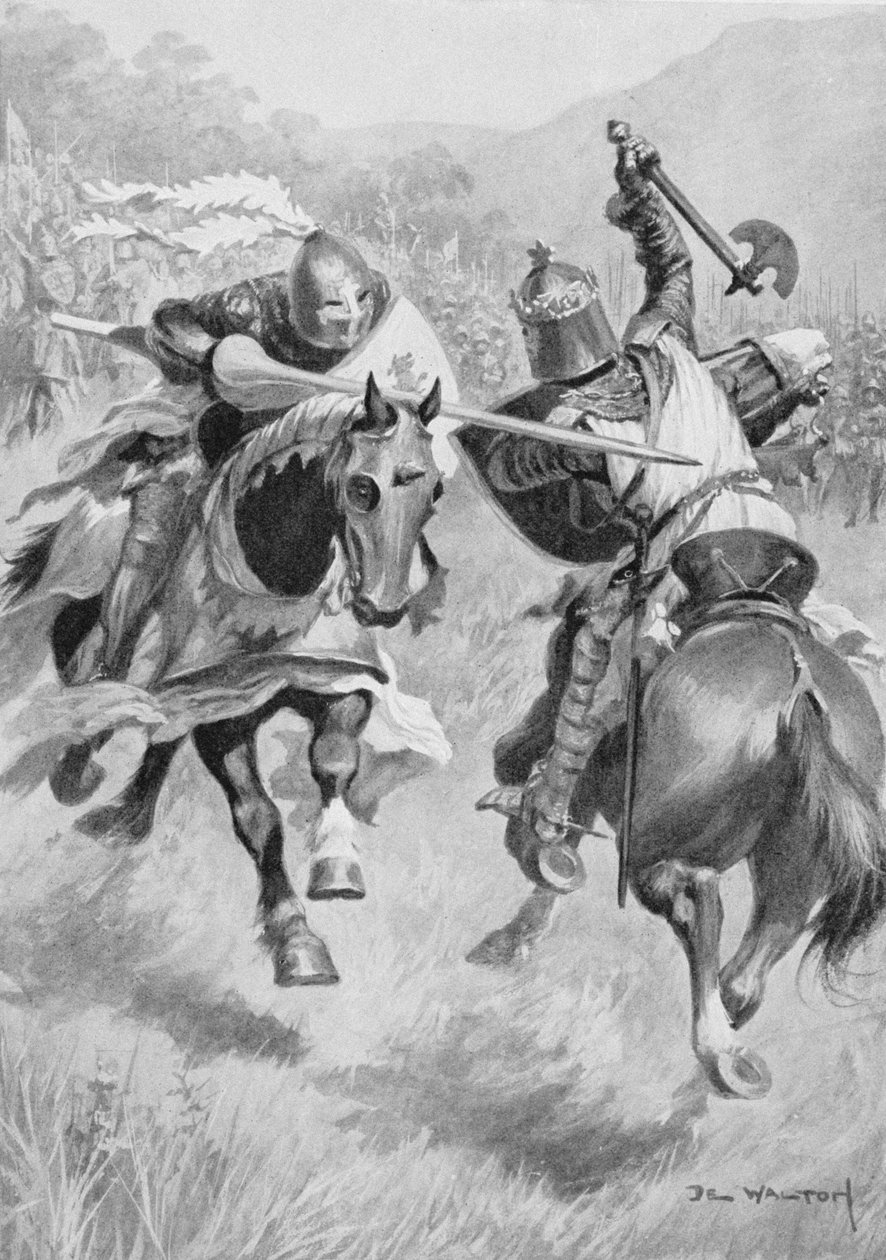 Møte mellom Robert Bruce (1274-1329) og Sir Henry de Bohun (1276-1322) illustrasjon fra British Battles on Land and Sea redigert av Sir Evelyn Wood (1838-1919) først utgitt 1915 (farge litho) av Ambrose de Walton