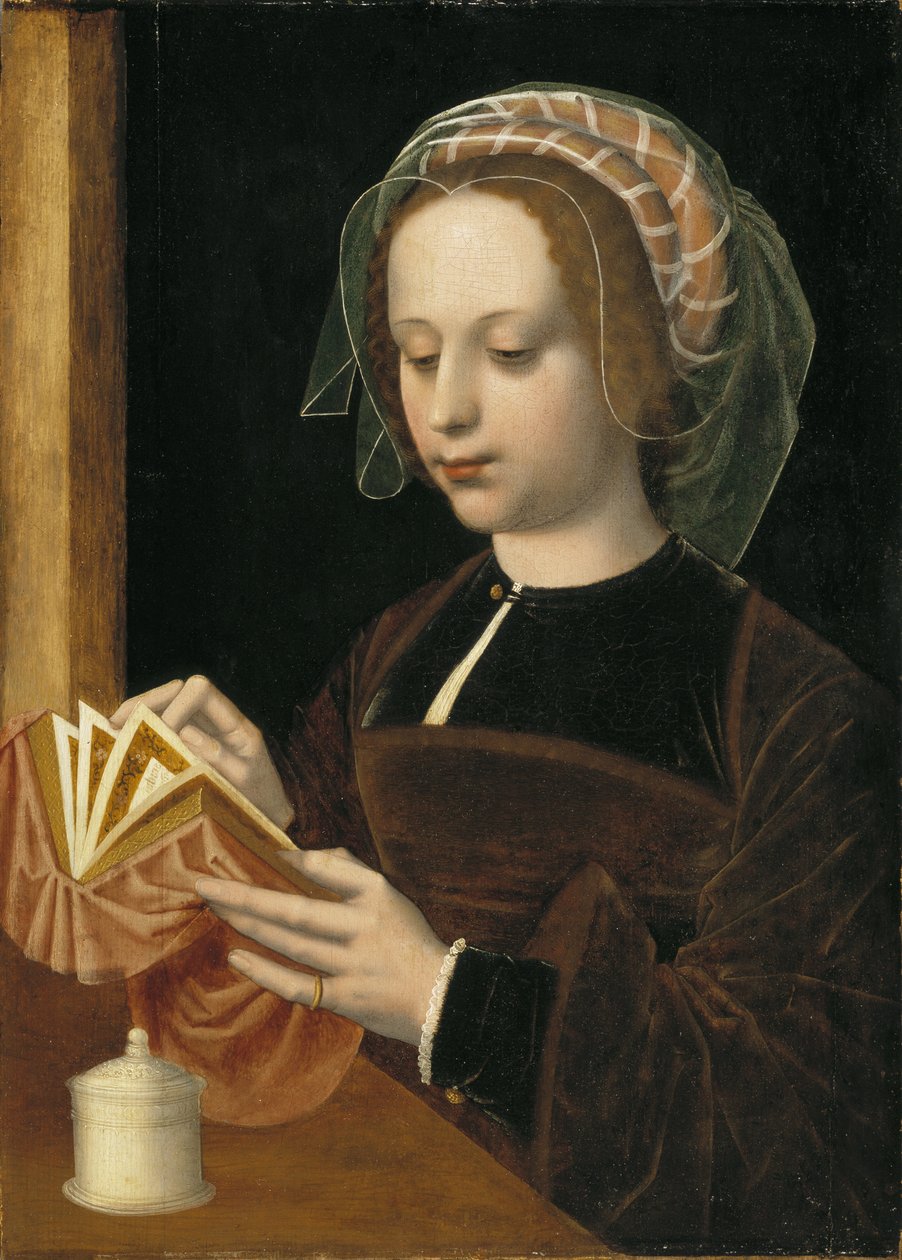Marie Madeleine lisant - Mary Magdalene Reading, av Benson, Ambrosius (1495-1550). Olje på tre. Mål: 49x35 cm. Nationalmuseum Stockholm av Ambrosius Benson