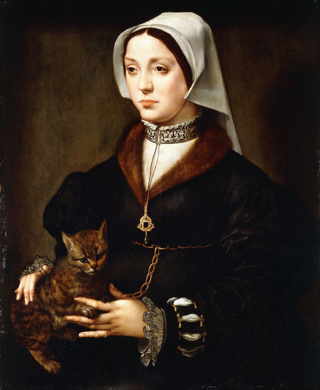 Portrett av en dame, trekvart lang, iført mørkt kostyme, holder en katt av Ambrosius Benson