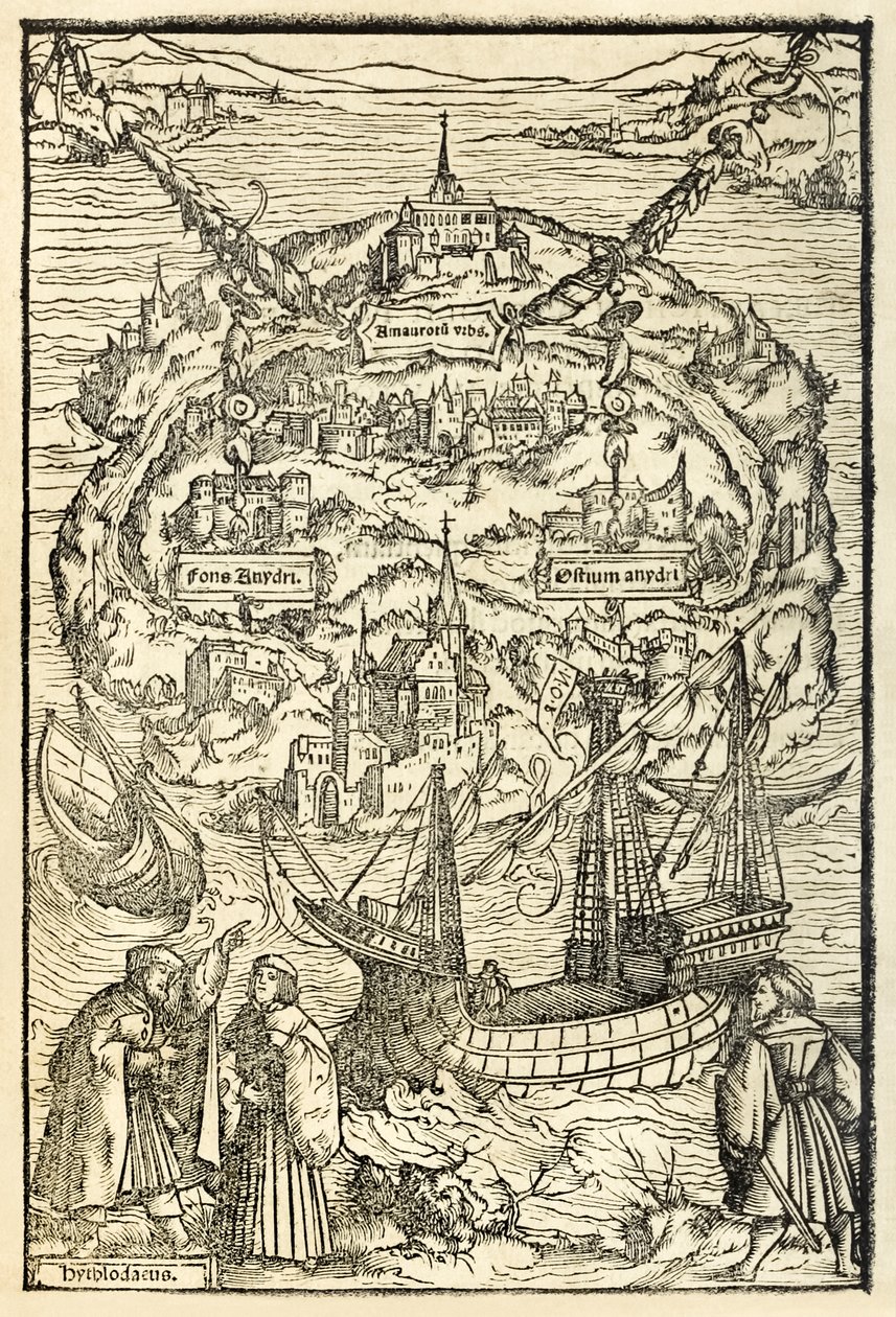 Kart over New Island of Utopia fra en 1518-utgave av Utopia av Sir Thomas More (1478-1535), først utgitt i 1516. Tresnitt av Ambrosius Holbein (ca. 1494-c. 1519) som viser øya med hovedpersoner av Ambrosius Holbein