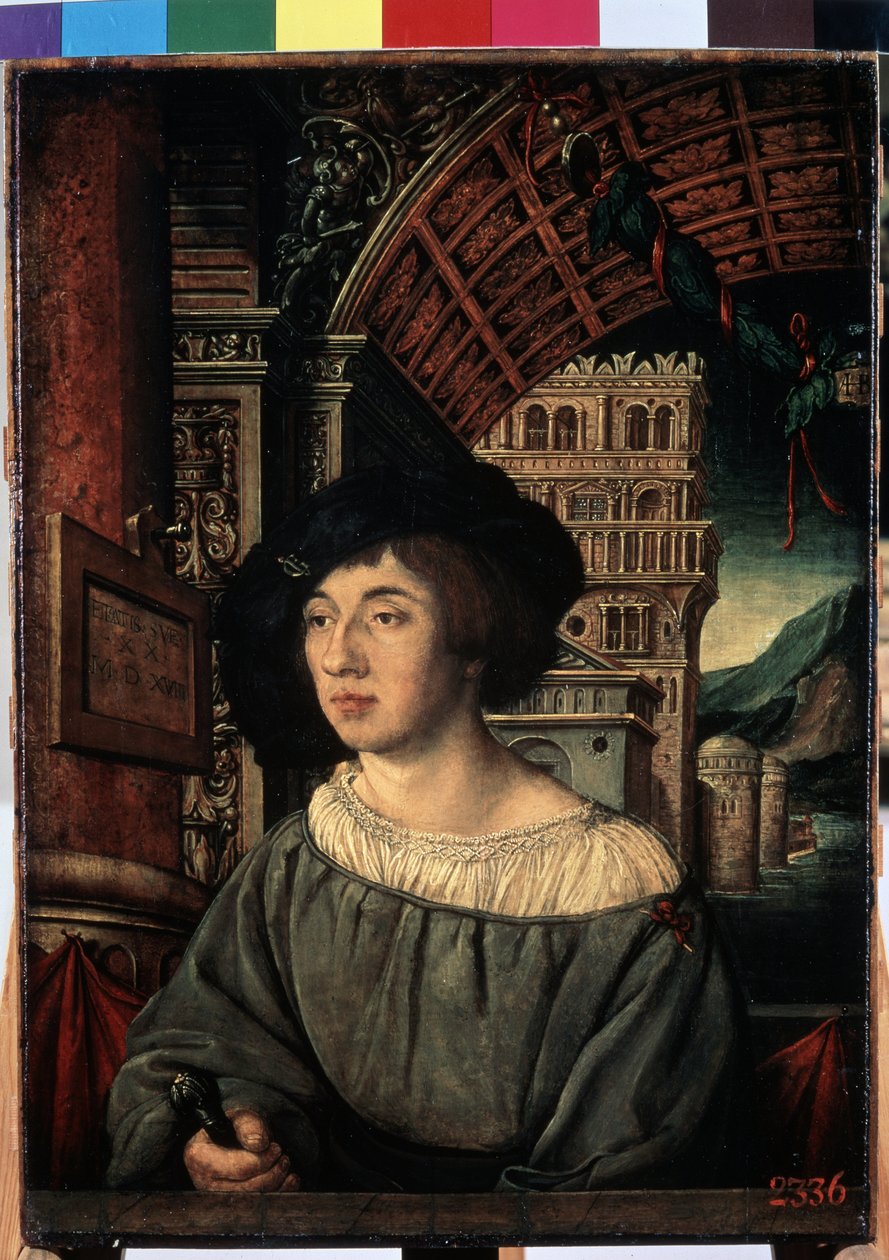 ""Portrait Of A Young Man"" En karakter av høy rang, i renessansestil. Maleri av Ambrosius Holbein (1494-rundt 1520) 1518 Mål 44x32,5 cm Eremitagemuseet, St. Petersburg av Ambrosius Holbein