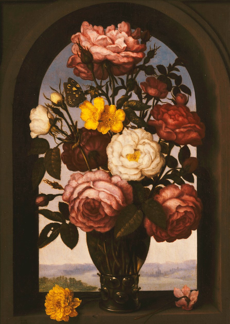 Roser i en Roemer med en turban-smørblomst og et purkebrød i en kasse, et elvelandskap bortenfor, av Ambrosius the Elder Bosschaert