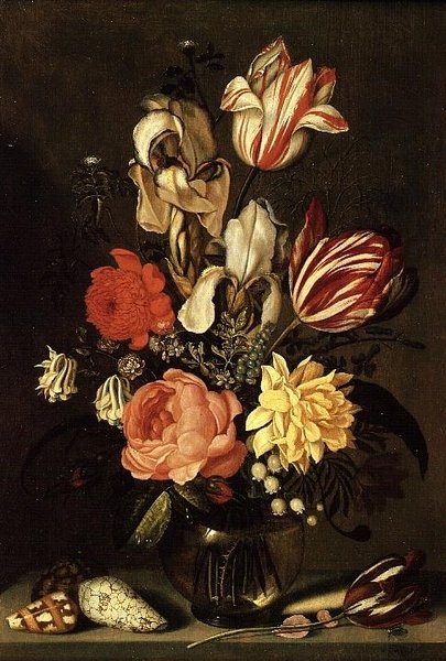 Blandede blomster på en avsats med skjell og en flue av Ambrosius the Younger Bosschaert