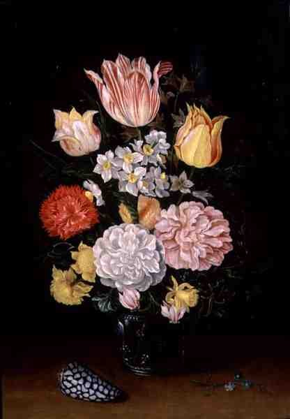 Stilleben av blomster med et skall (olje på panel) av Ambrosius the Younger Bosschaert