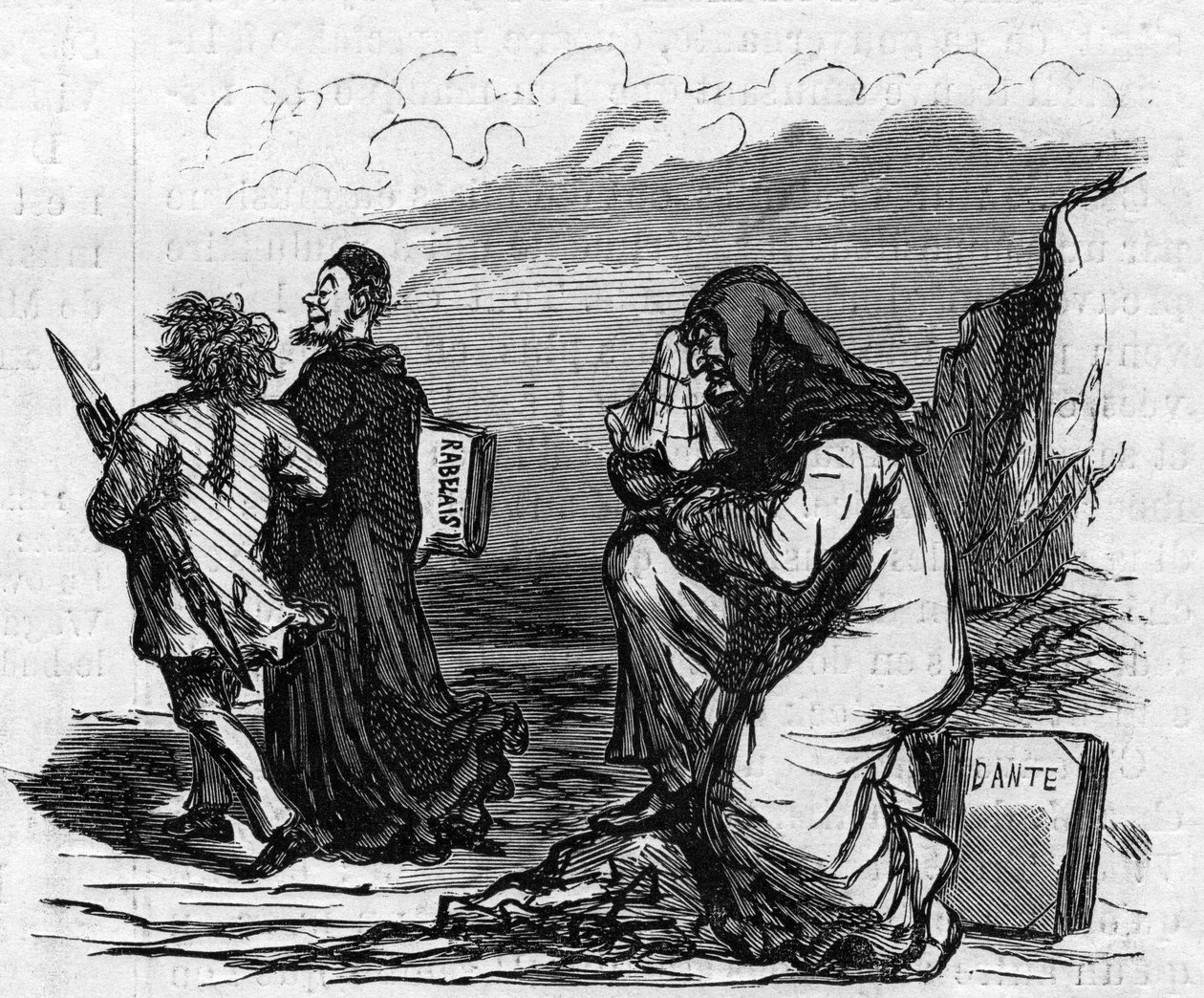 Stakkars Dante begynner å gråte når han ser Gustave Dore arm-og-arm-og-arm-ned med den lille Rabelais-mannen. Tegneserie av Cham. Gravering i "" Le Monde Illustré"" nr. 821 av 4. januar av Amédée de Noé