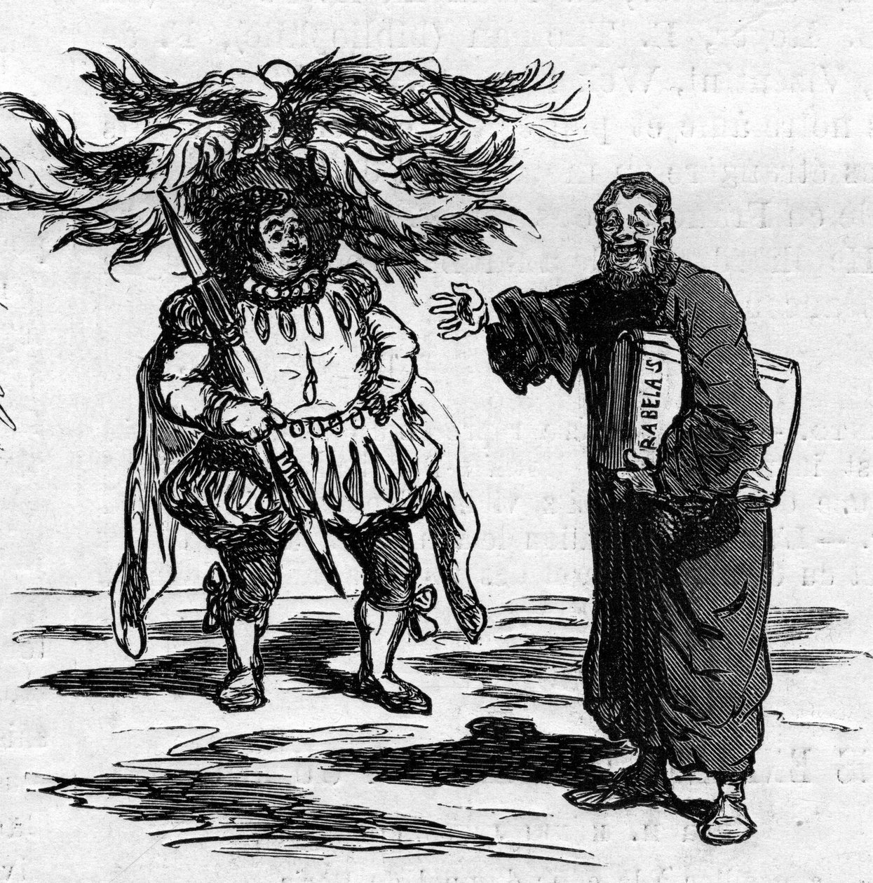 Joy of Rabelais seeing Gustave Dore fully identifies with the men of his writing. Cartoon of Cham. Engraving in “” Le Monde Illustré”” n°821 of January 4 av Amédée de Noé