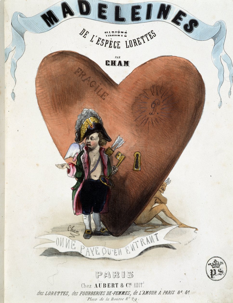 Man betaler kun når man kommer inn (karikatur av Amor (Eros) før et hjerte skjuler en djevel) - i "" Madeleines"" av Cham, v.1870-1880 av Amédée de Noé