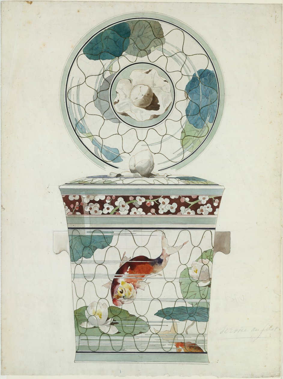 Design for et tildekket fat i Service au Filet Fish Net Ware..., 1875-85. av Amédée de Caranza.