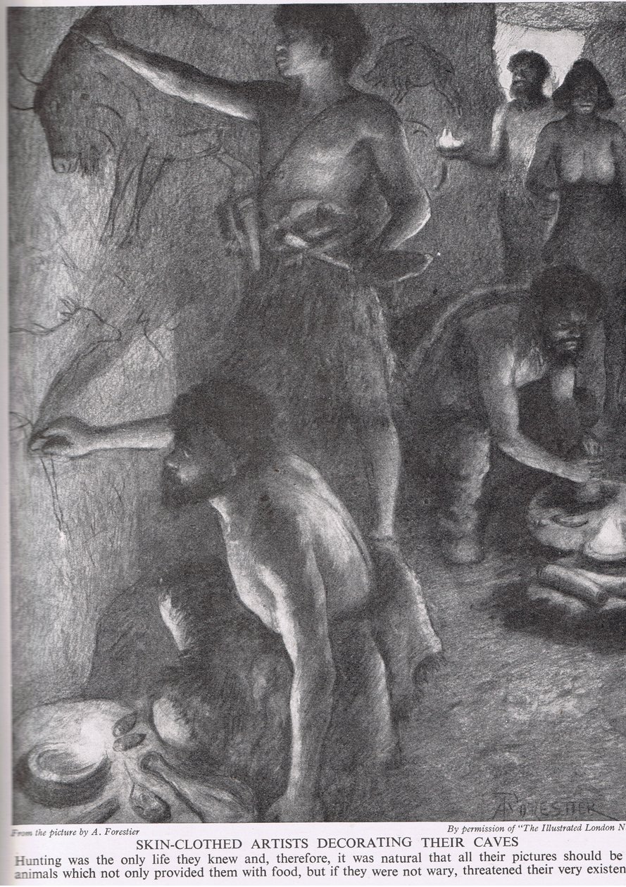 Hudkledde kunstnere som dekorerer hulene sine, illustrasjon fra 'The Story of the British People', ca. 1950 av Amedee Forestier