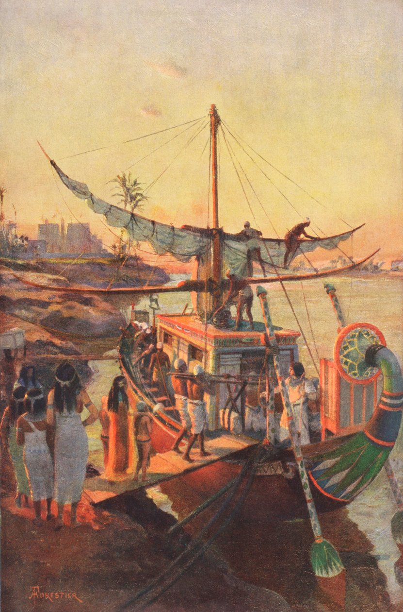 Legenden om den egyptiske opprinnelsen til Stone of Scone, fra 'The Illustrated London News', 1910 av Amedee Forestier