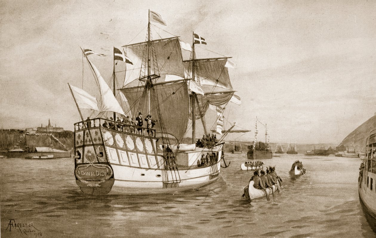 The Quebec Celebrations, 1908: Champlains skip nærmer seg byen av Amedee Forestier