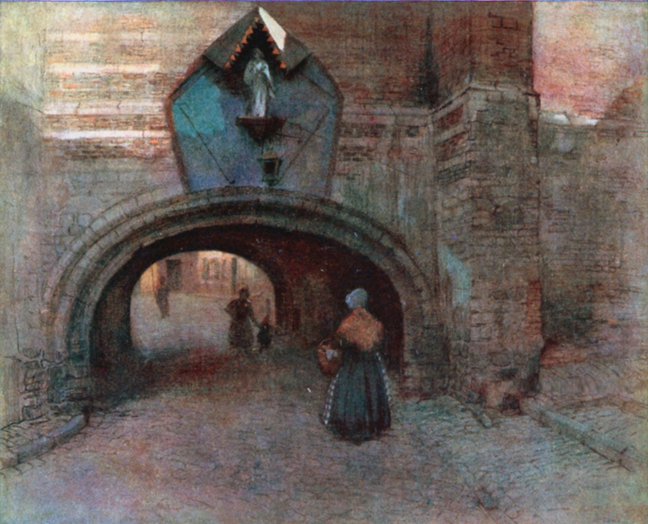 Buegang under Vieille Boucherie, Antwerpen (farge litho) av Amedee (after) Forestier