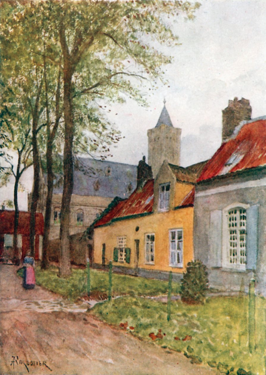 Hall og prestegård, Nieuport (farge litho) av Amedee (after) Forestier