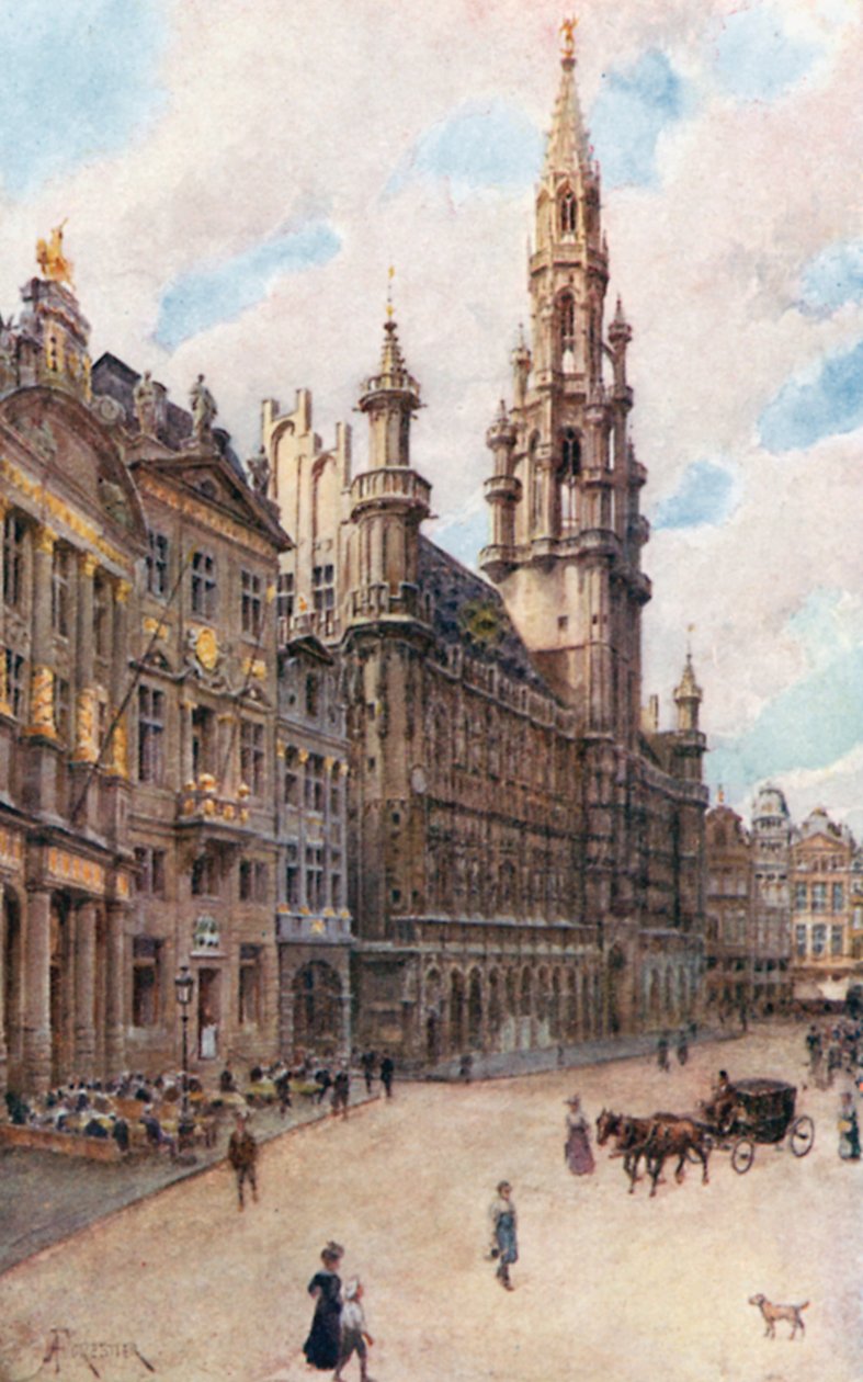 Rådhuset, Brussel (viser Bryggerhuset, Svanehuset og Stjernehuset) (fargelitografi) av Amedee (after) Forestier