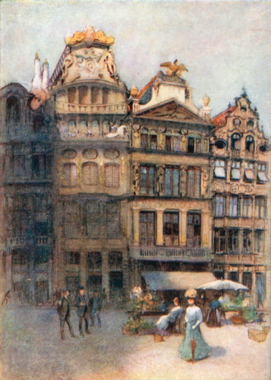 Gammelt hus på Grande Place, Brussel (fargelitografi) av Amedee (after) Forestier