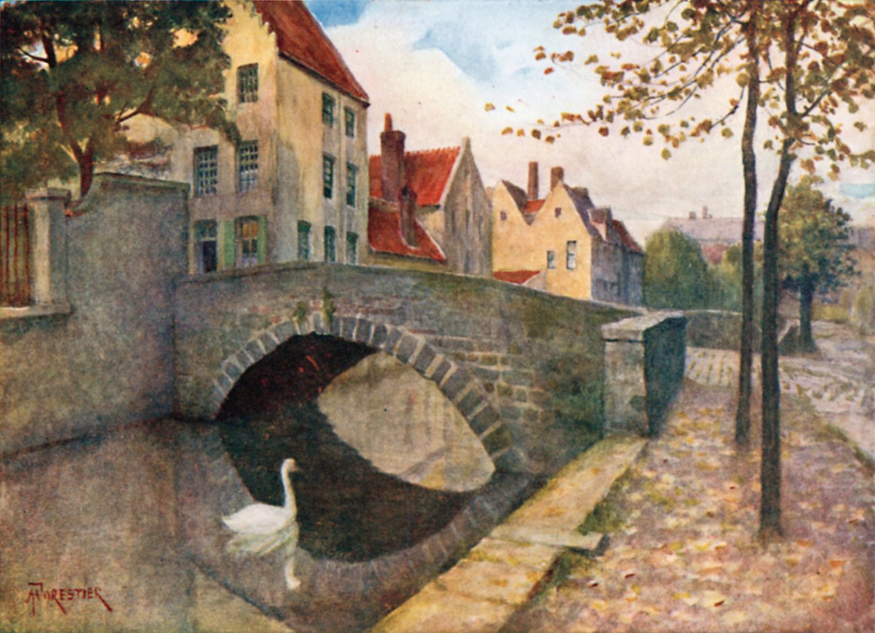 Quai des Marbriers, Brugge (farge litho) av Amedee (after) Forestier