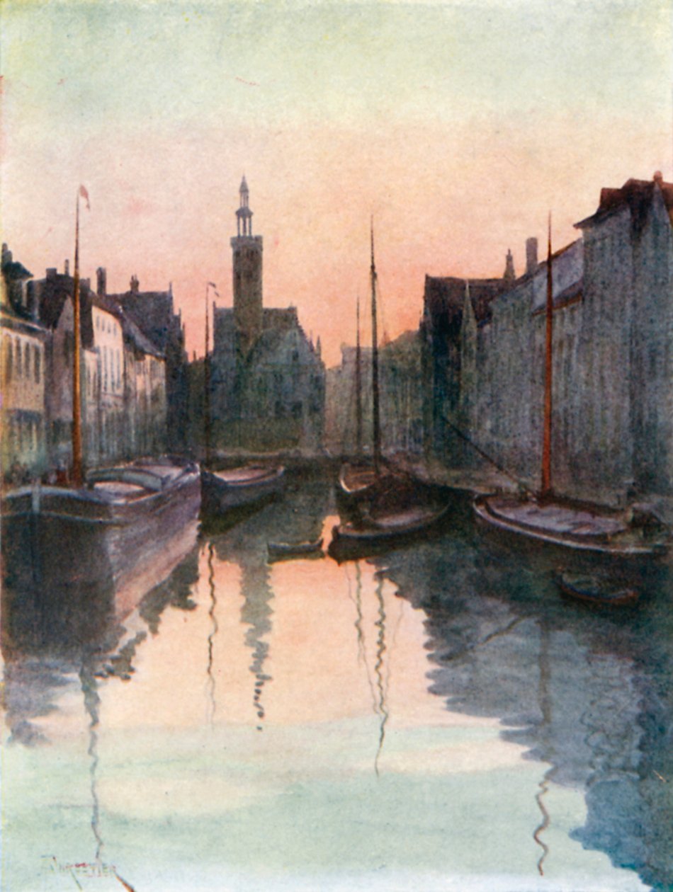 Mirror Quay, Brugge (fargelitografi) av Amedee (after) Forestier