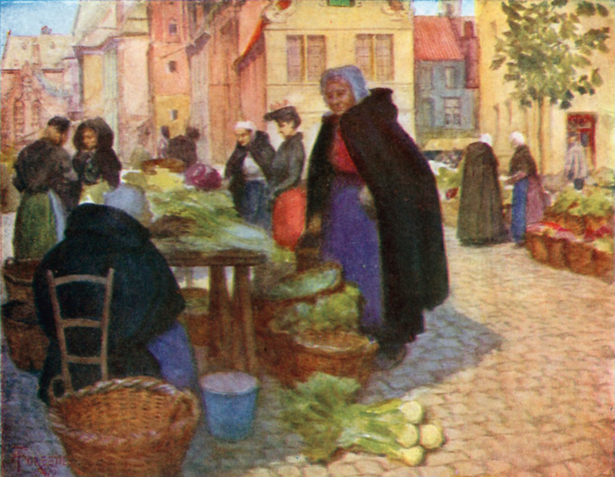 Grønnsaksmarkedet, Brugge (fargelitografi) av Amedee (after) Forestier