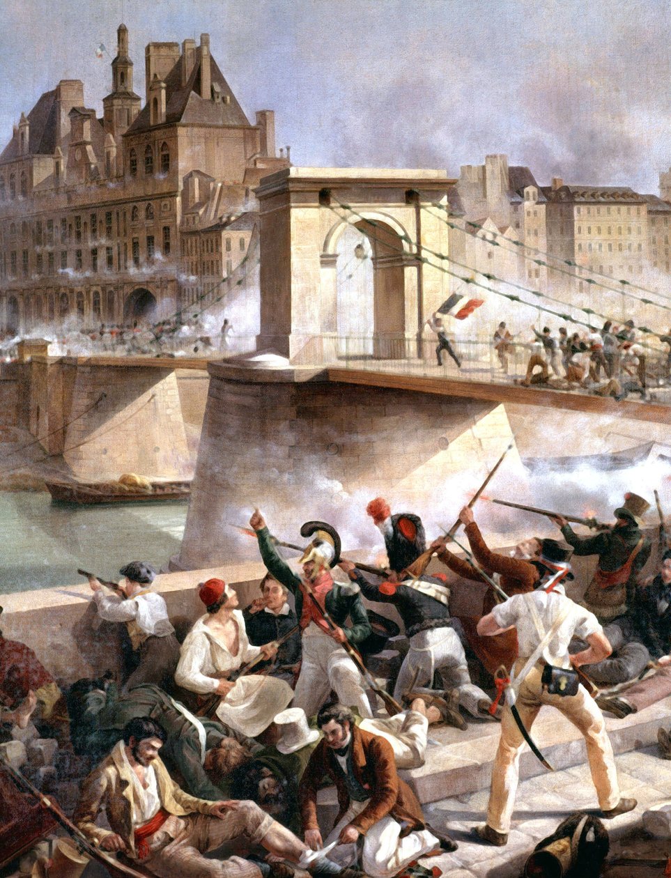 Arcole bridge, Capture of Paris rådhus 28. juli av Amédée Bourgeois