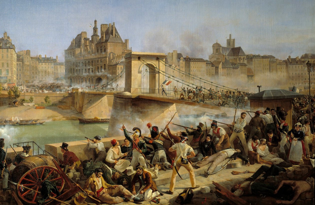 Revolusjonen i 1830, dag i juli: angrep på hotellet de Ville de Paris og kamp på broen til Arcole, 28. juli 1830 (olje på lerret) av Amédée Bourgeois
