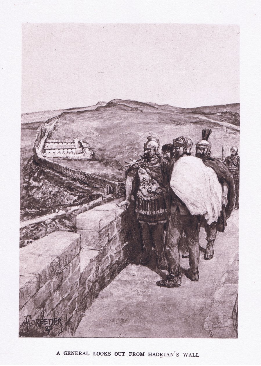 En general ser ut over Hadrians mur, illustrasjon fra The Roman Soldier, 1928 av Amedee Forestier