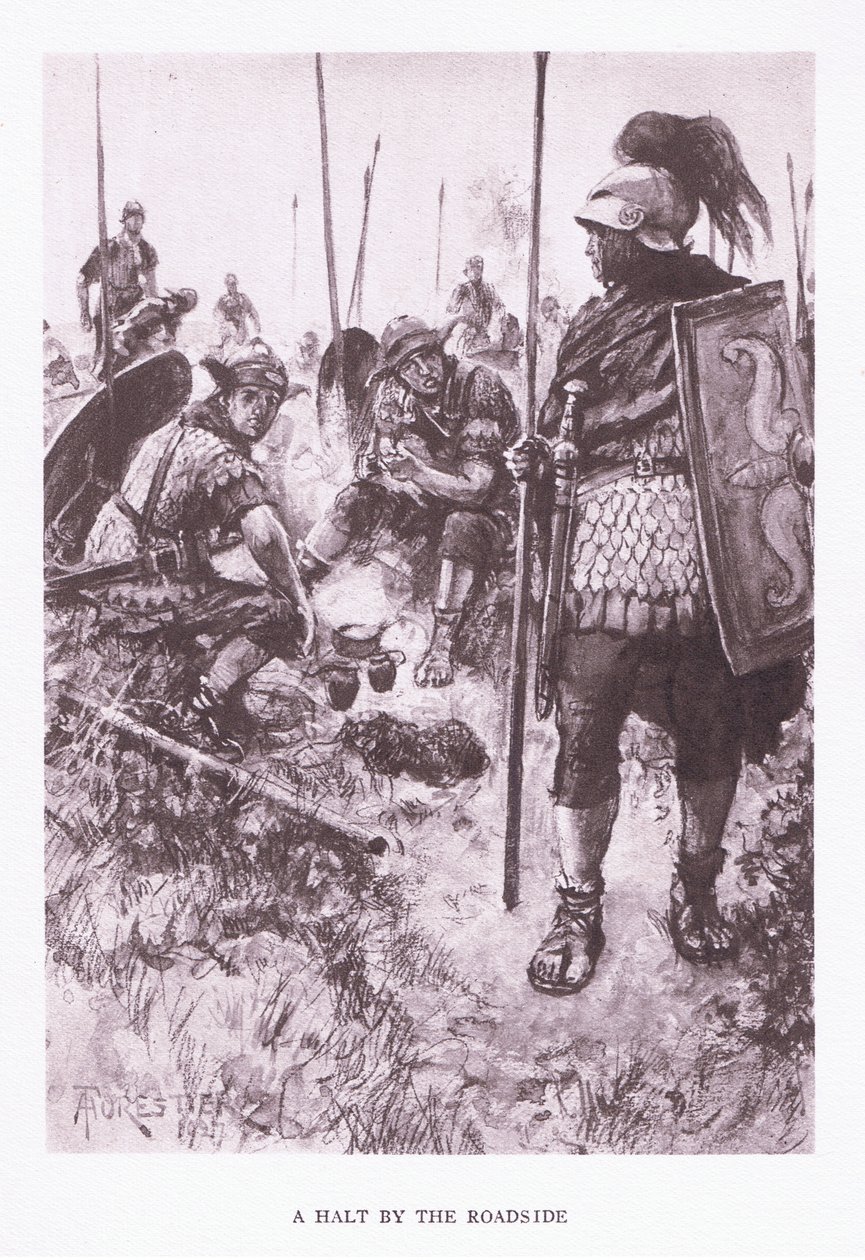Et stopp ved veikanten, illustrasjon fra The Roman Soldier, 1928 av Amedee Forestier